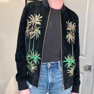 Suede Varsity Stripe Bomber-Black